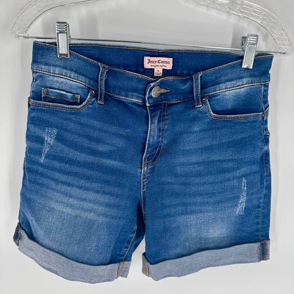 Juicy Couture Shorts Womens Sz 6 Blue Denim Rolled Cuff Distressed Casual Jean